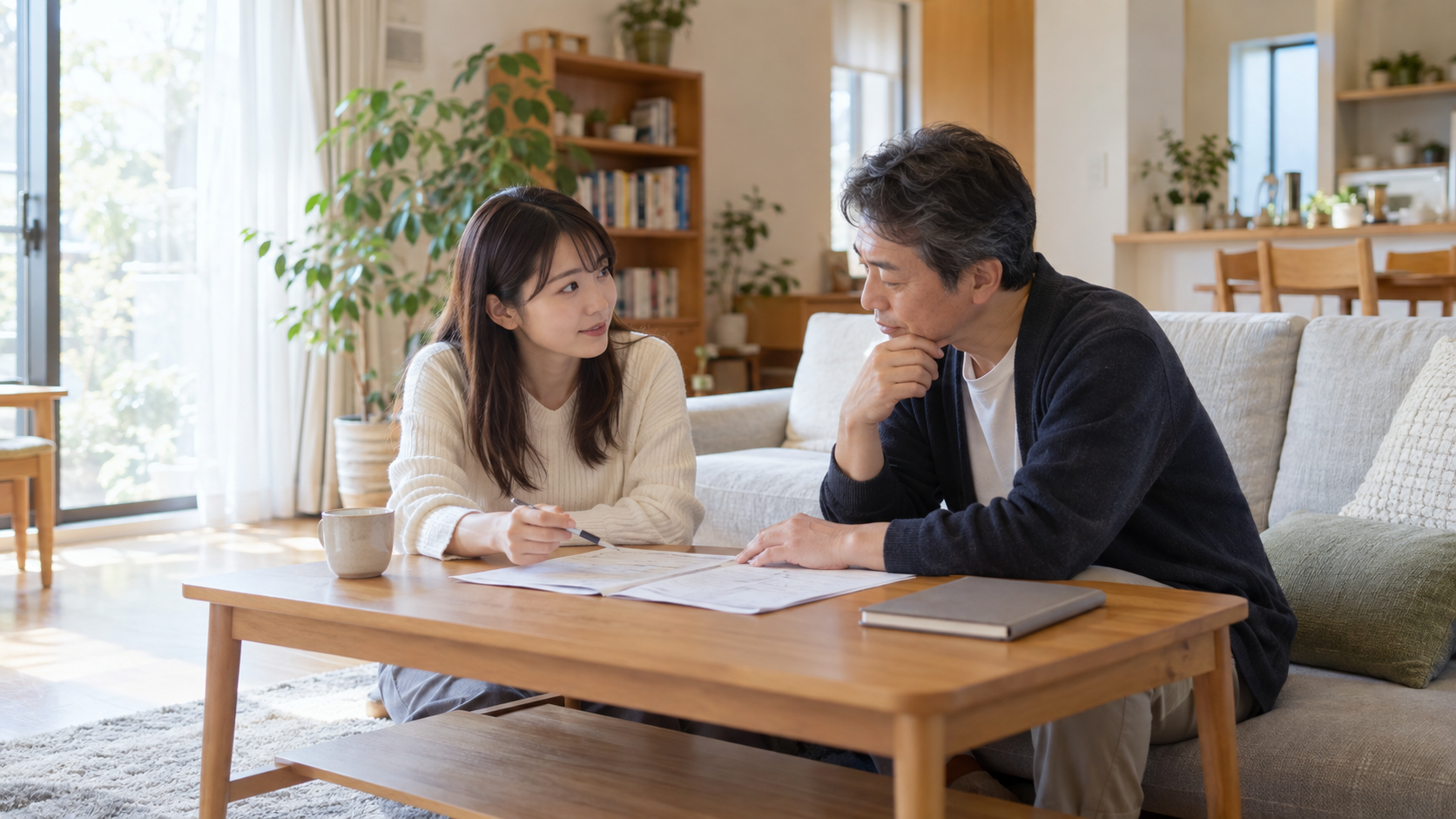 家庭で進学費用を話し合う女性と父親のイメージ