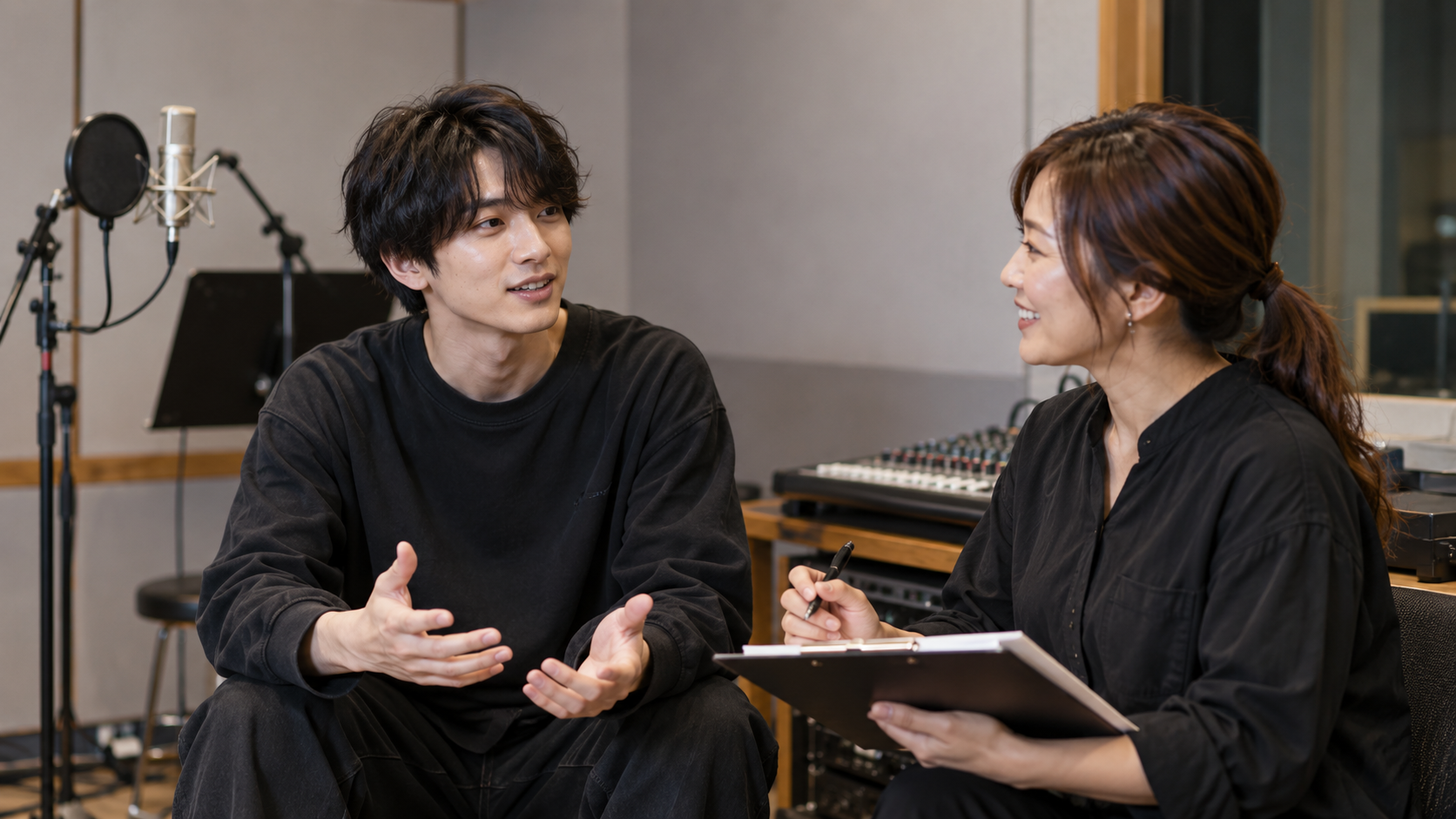 音楽スタジオで打ち合わせるボーカリストとスタッフのイメージ