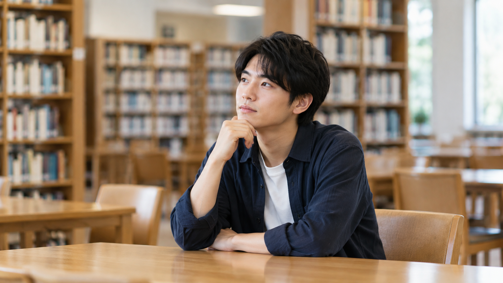 図書室で将来を考える男性のイメージ