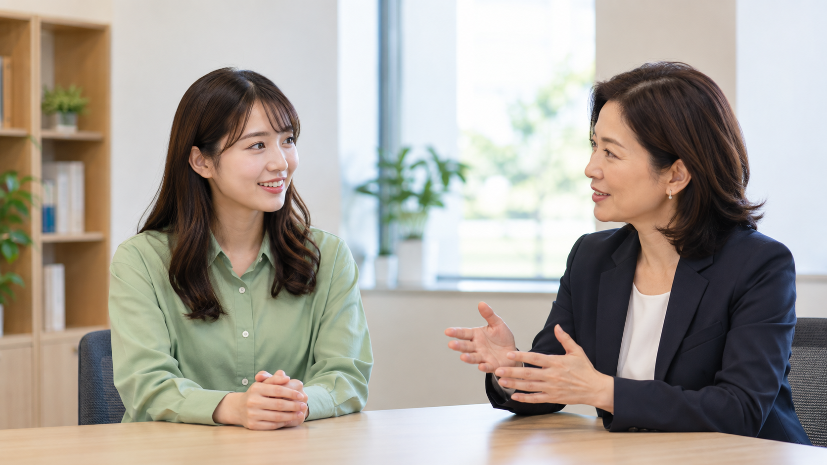 進路相談室で相談する女性とキャリア相談員のイメージ