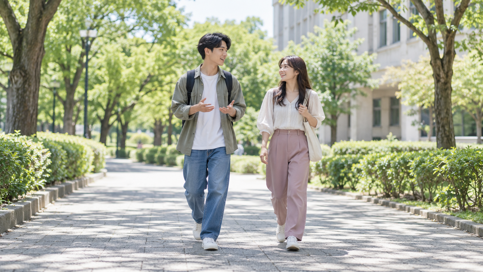 キャンパスの道を歩きながら話す二人のイメージ