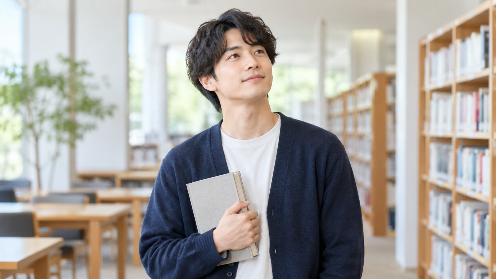 図書館で本を持ち将来を考える男性のイメージ