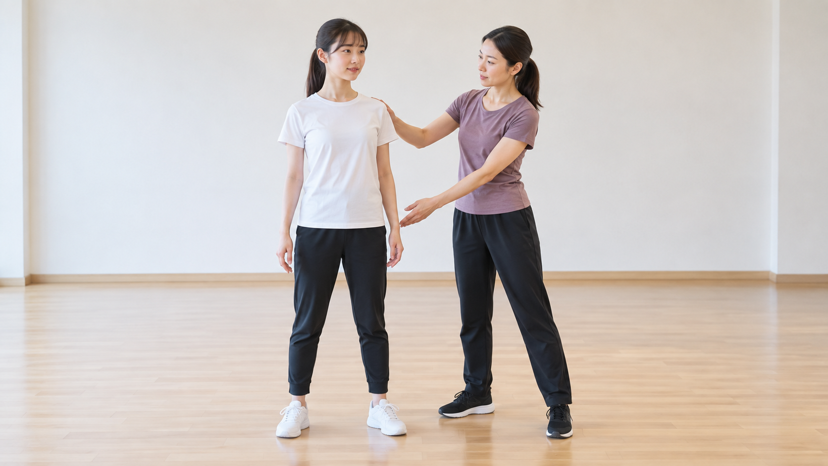 ダンススタジオで基礎姿勢を確認する女性と講師のイメージ