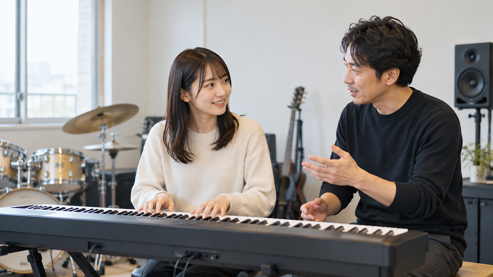 キーボードの前で音楽制作を相談する女性と講師のイメージ